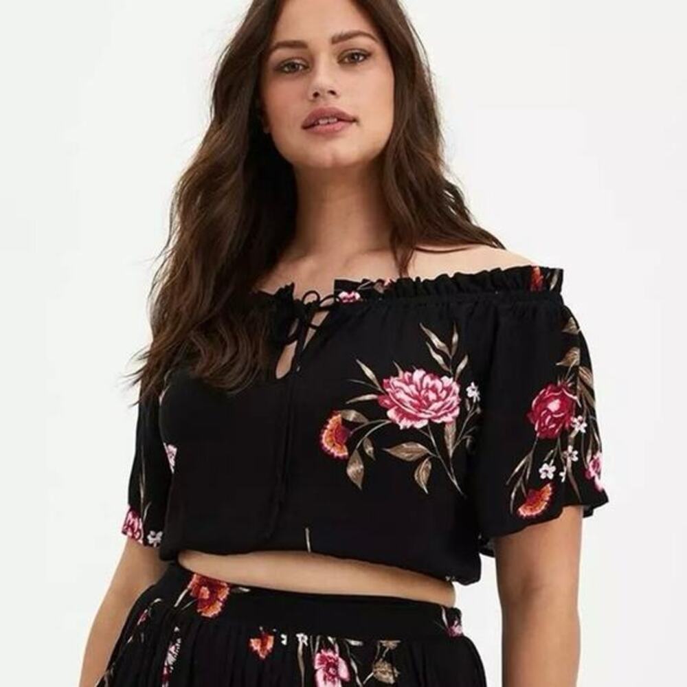 NWT Torrid Maxi Gauze Set Top Womens 3X Black Floral Off‎ Shoulder Boho Whimsy